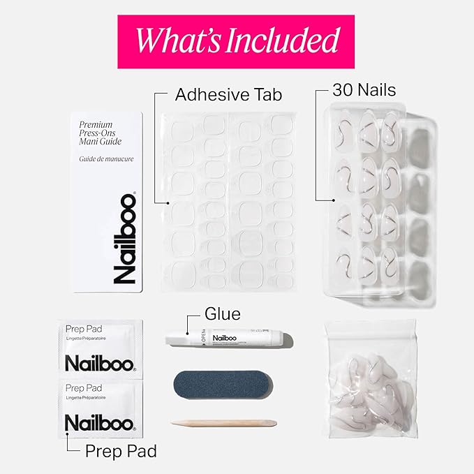 Nailboo Press On Nails, Salon-Quality Reusable Fake Nails for Fast DIY Manicure with Strong Hold Nail Glue for Press Ons, Nail File, & Alcohol Prep Pads, Silver Spoon