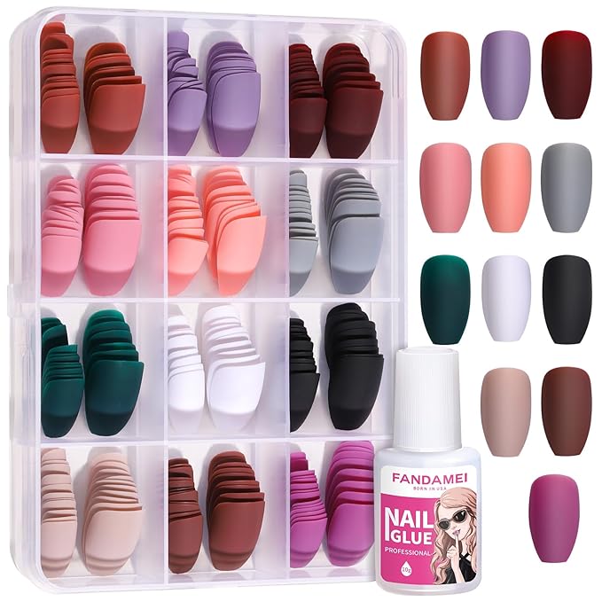 FANDAMEI Press on Nails, 12 Packs 288PCS Matte Press on Nails Medium Length, Short Fake Nails Full Cover, Ballerina Coffin with 7g Nail Tips Glue