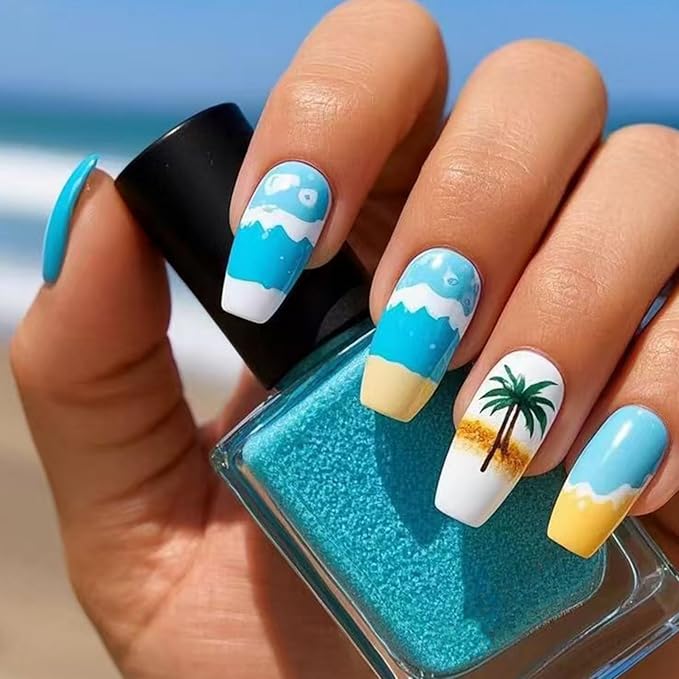 Summer Press on Nails Medium Square Fake Nails with Designs Sea wave Ocean False Nails Blue Glossy Full Cover Acrylic Nails Coconut Tree Glue on Nails Artificial Stick on Nails for Women 24 Pcs