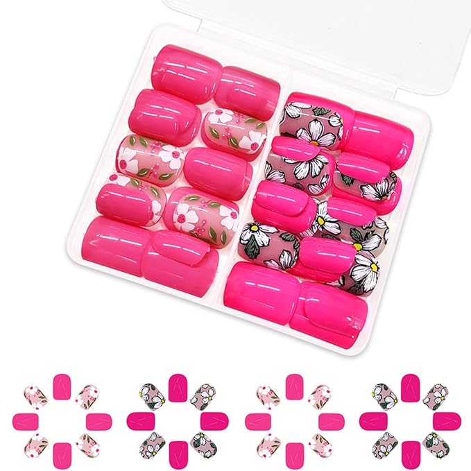 48Pcs Flowers Press on Nails Short Spring Fake Nails Kit with Cute Floral Designs Glossy Pink Full Cover French Nails Press ons Square Shape Flower Stick on Nails Acrylic Nails for Women Daily Wear