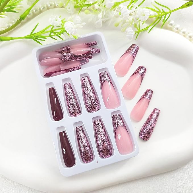Coffin Press on Nails Extra Long Fake Nails Glossy Glue on Nails with Glitter Sequins Designs French Tip Nails Press ons Burgundy False Nails Claret Artificial Stick on Nails for Women 24Pcs