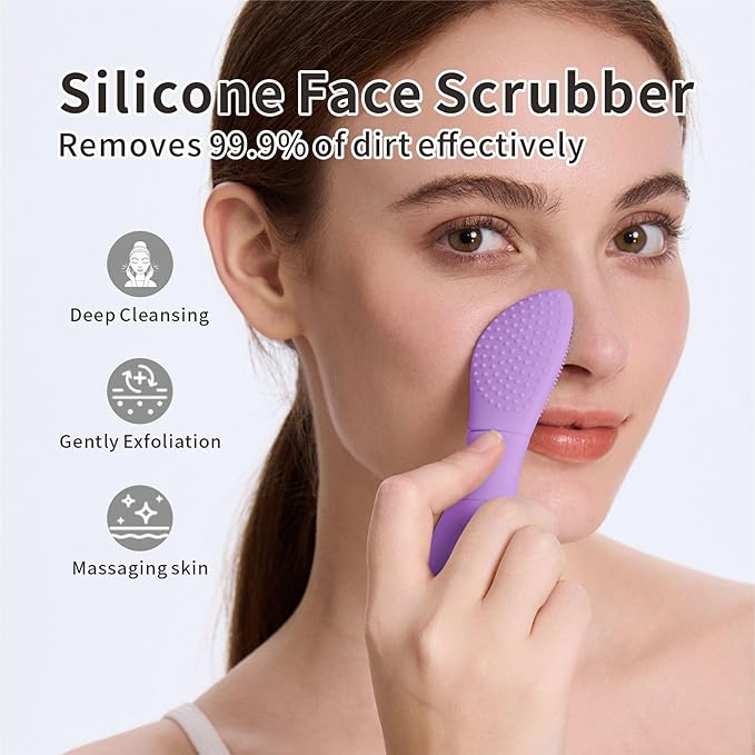 Blackhead Remover Skin Scrubber Pore Cleaning Brush for Face & Nose- 2 in 1 Silicone Face Scrubber & Mask Applicator for Deep Cleaning, Daily Skin Care Tool for Women & Men (Purple)