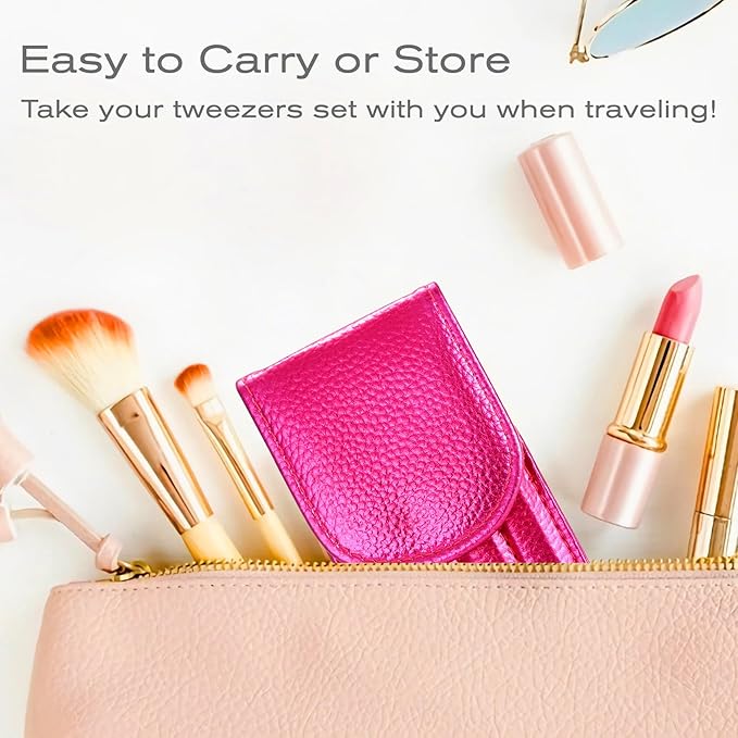 4-Pcs Glitter Stainless Steel Precision Tweezer Set for Eyebrows, Ingrown Hair & Lash Extensions (Rose Red)