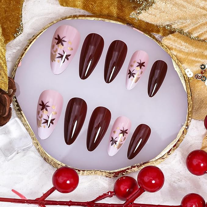 24Pcs Maple Leaf Press on Nails Short Fall Fake Nails Full Cover Brown Acrylic Nail Thanksgiving Press Ons Maple Leaves Glue on Nails Autumn False Nail Glossy Artificial Nail for Women DIY Manicure