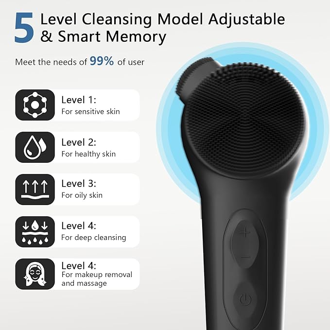 Silicone Face Scrubber, Waterproof Rechargeable Facial Cleansing Brush, 5 Cleansing Modes with Nose Brush for Men & Women Electric Face Wash Brush for Deep Cleaning, Exfoliating, Massaging-Black