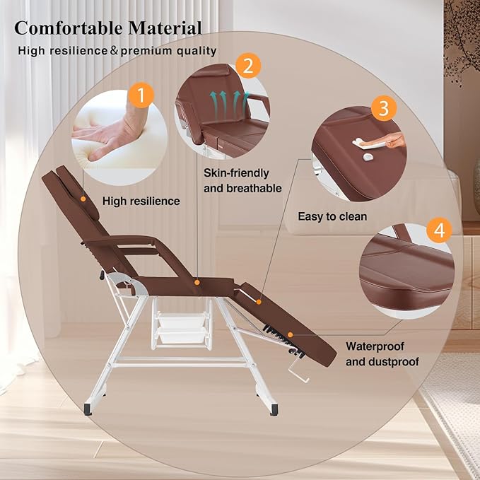 Facial Chair,73 inch Tattoo Chair for Client,3-Section Adjustable Massage Table with Hydraulic Stool, Multipurpose Beauty Beds Salon Equipment for Esthetician, Tattooshop, Spa (Brown)