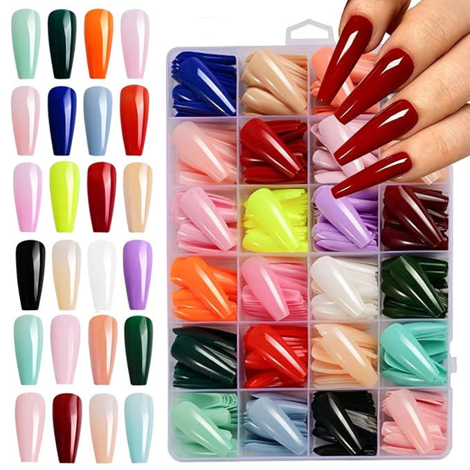 576Pcs Long Press on Nails Coffin Fake Nails Solid Color False Nails Full Cover Glossy Acrylic Glue on Nails Reusable Artificial Acrylic Stick on Nail for Women Manicure 24 Color