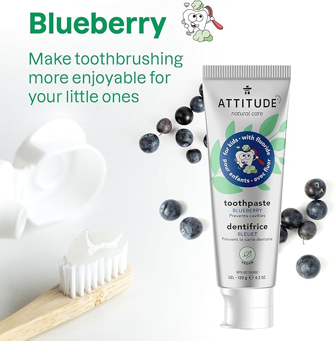 ATTITUDE Toothpaste with Fluoride, Prevents Tooth Decay and Cavities, Vegan, Cruelty-Free and Sugar-Free, Blueberry, 4.2 Oz