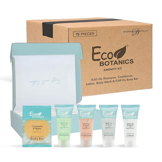 Eco Botanics Amenity Kit | Boxed Hotel Toiletries | Bulk Set .85 oz Travel Size Shampoo, Conditioner, Lotion, Body Wash & Body Bar Soap for Guest Hospitality AirBnB/Vacation Rentals | 15 sets per case