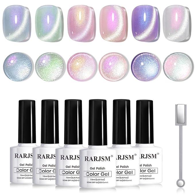 RARJSM Sparkle Diamond Pearl Cat Eye Gel Nail Polish Set 6pcs Velvet Silver Shimmer Pink Green Blue Purple White Glitter Mermaid Swirl Shell Thread Effect with Magnet Stick UV LED Curing Requires