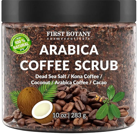 First Botany Cosmeceuticals, 100% Natural Arabica Coffee Scrub with Organic Coffee Coconut & Shea Butter Acne Anti Cellulite & Stretch Mark treatment Spider Vein Therapy, Varicose Veins Eczema, 10 oz