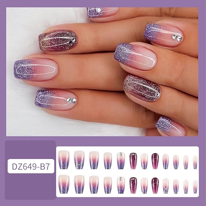 Purple Ombre French Tip Press on Nails Short Coffin Fake Nails with Rhinestones Design Glitter Acrylic Nails Press ons Cute Gradient Glue Stick on Nails for Women 24 Pcs