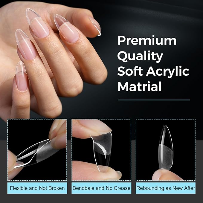 TOMICCA Almond Gel Nail Tips, Half Matte Pre Shaped No Filing Medium Almond Nail Tips, 240 Pcs Gel Tips 12 Sizes, Clear Acrylic Tips for Nail Art, Nail Extension at Home, For Beginners