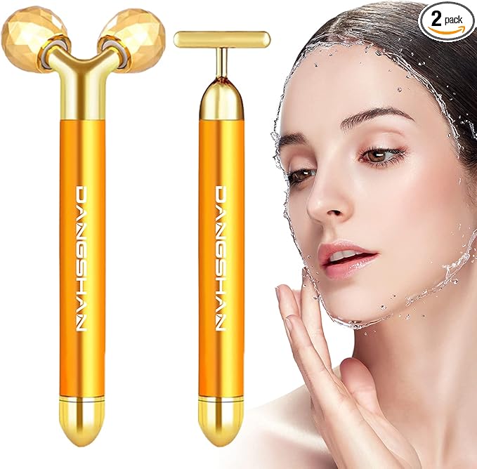 2-in-1 Electric Face Massager 24k Golden Facial Massager, 3D Roller and T Shape Facial Roller Massager Kit Skin Care Tools