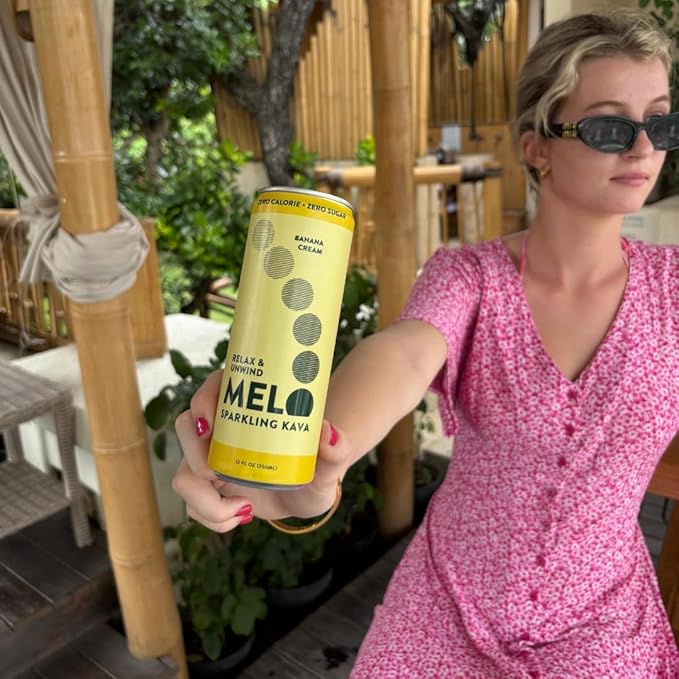 Melo Sparkling Kava Drink, Banana Cream, Sugar Free Non Alcoholic Drinks with Zero Calories, Gluten Free, Vegan, 100% Natural Mocktail with 750mg Kava Root per Drink, 12 Pack, 12 oz Cans