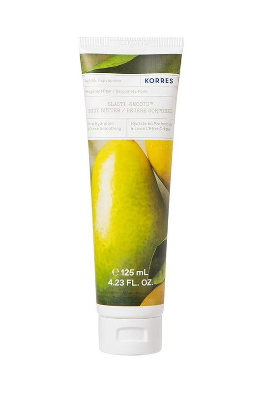 KORRES Elasti-Smooth Body Butter Cream, Dry Skin Lotion with Shea Butter and Almond Oil, Moisturizing, Firming, Tightening and Hydrating After Shower Care, Bergamot Pear, 4.23 Fl Oz