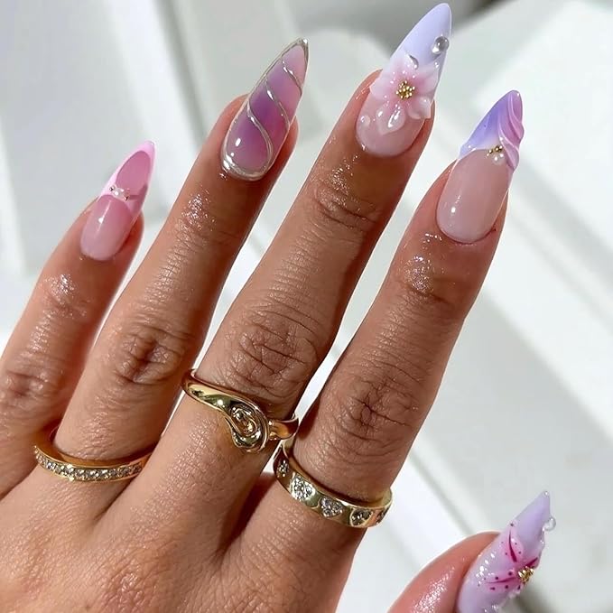 3D Flower Press on Nails Medium Almond Fake Nails with Floral Pearl Designs Purple Pink Acrylic Nail Tips Curve Line Artificial Nail Cute Handmade False Nails Summer Glue on Nail for Women