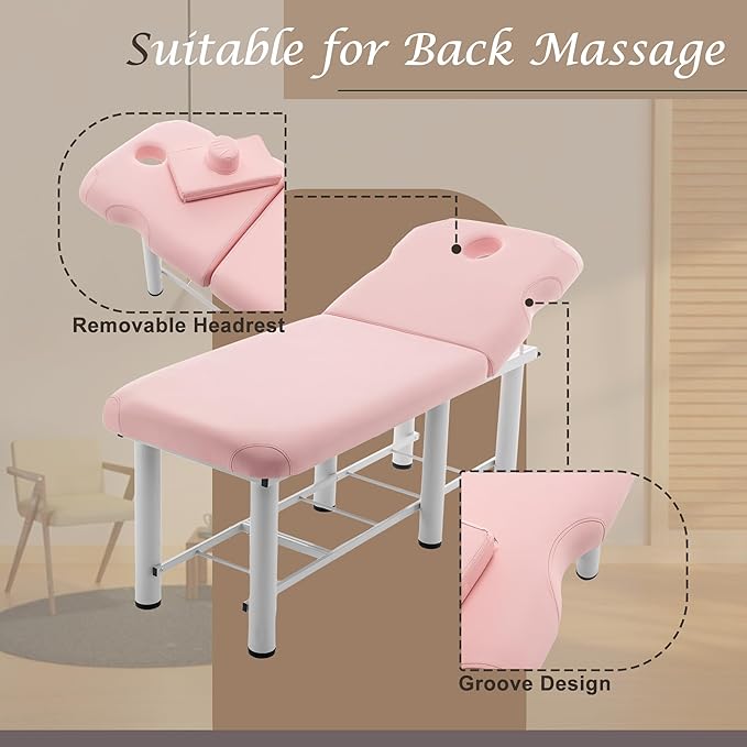 Stationary Massage Bed Professional Adjustable Massage Table Spa Bed 73" x27.5”Stationary Physical Therapy Table with Memory Foam Salon Bed w/Removable Headrest Pink