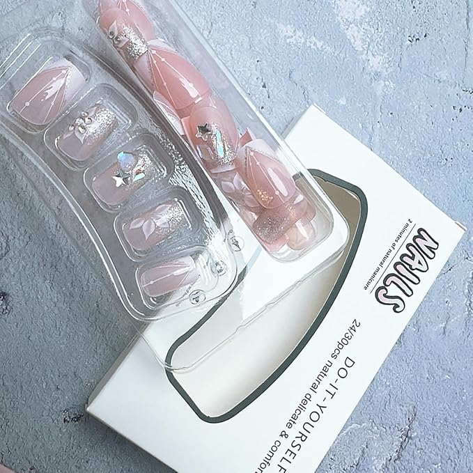 24Pcs Short Press on Nails Square Shape White French Tip Fake Nails 3D Flower Designs Star Glitter Glue on Nails Spring Acrylic Nails White Floral False Nails Nude French Stick on Nails for Women