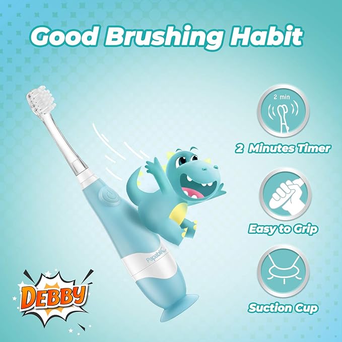 Papablic Toddler Sonic Electric Kids Toothbrush for Ages 1-3 Years, Baby Electric Toothbrush with Cute Dino Cover and Smart LED Timer, 2 Brush Heads (Debby)