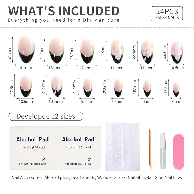 Black French Tip Almond Press On Nails with Glue, Glossy Acrylic Fake Nails with 3D Flower Accent, Medium Stick On False Nails for Women, Reusable Artificial Nails, 24 Pieces Set