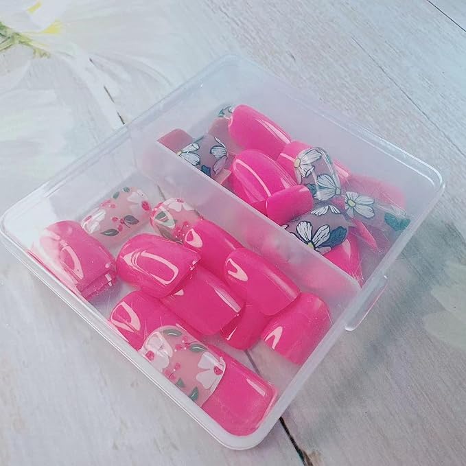 48Pcs Flowers Press on Nails Short Spring Fake Nails Kit with Cute Floral Designs Glossy Pink Full Cover French Nails Press ons Square Shape Flower Stick on Nails Acrylic Nails for Women Daily Wear