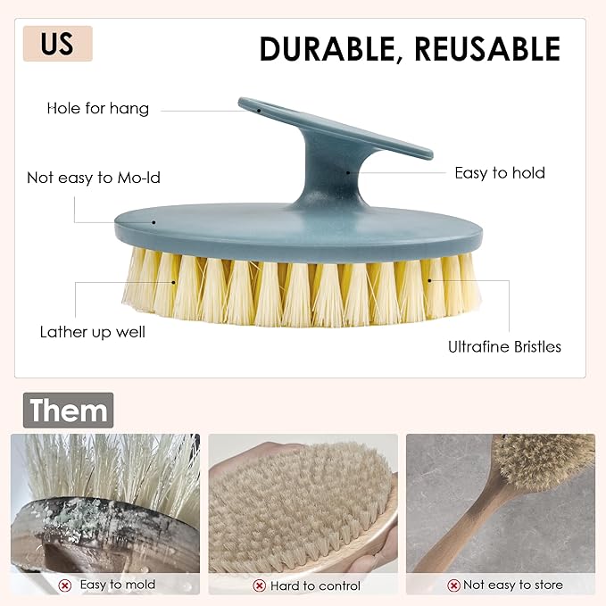 INNERNEED Food-Grade Soft Silicone Body Scrubber Shower Brush Handheld Cleansing Skin Brush, with PP Shower Brush for Exfoliating, Cellulite Treatment