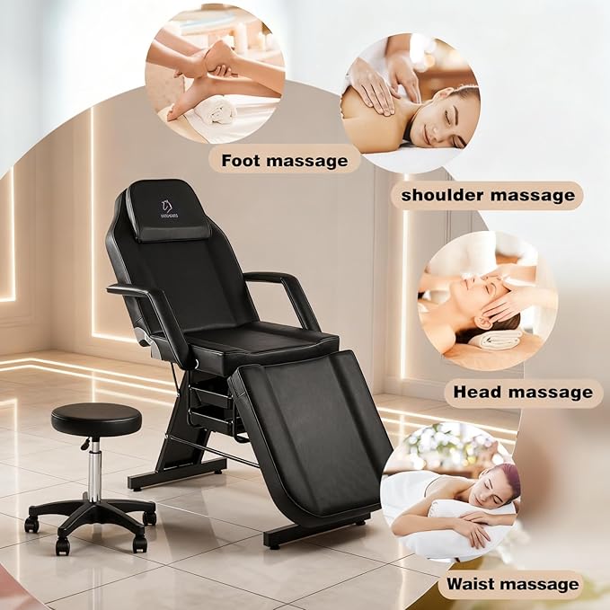 Tattoo Chair Adjustable,Facial Chair Multipurpose 73 Inch Spa Facial Bed with Massage Equipment Stool for Beauty Spa Tattoo, Black