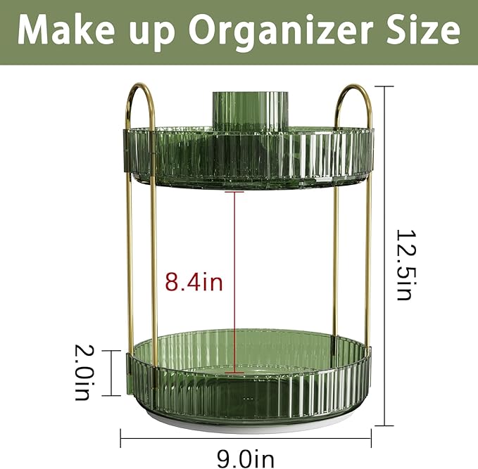Rotating Makeup Organizer for Vanity, High-Capacity Skincare Clear Make Up Storage Perfume Organizers Cosmetic Dresser Organizer Countertop 360 Spinning (Green, New-2 Tier)