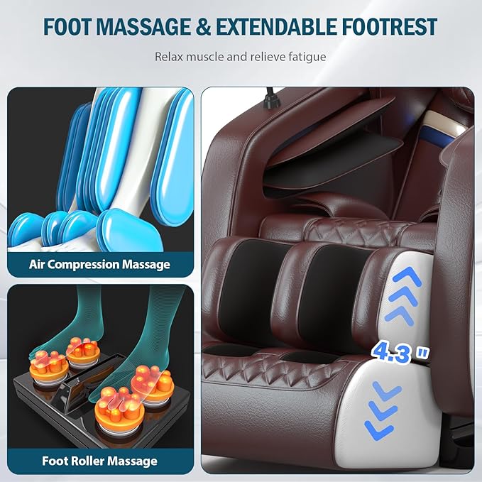 Massage Chair Full Body Zero Gravity, Massage Recliner with Air Pressure, 10 Fixed Massage Rollers, Heating, Foot Roller, Bluetooth Speaker, for Home Office Men Women (Brown)