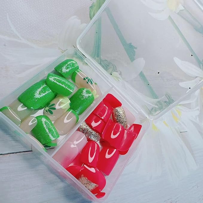 48Pcs Short Press on Nails Square Fake Nails with Sparkling Glitter Floral Design Green Pink French Tip Press ons Kit Flower Stick on Nails Spring Summer Nail Art Decorations for Women Daily Wear