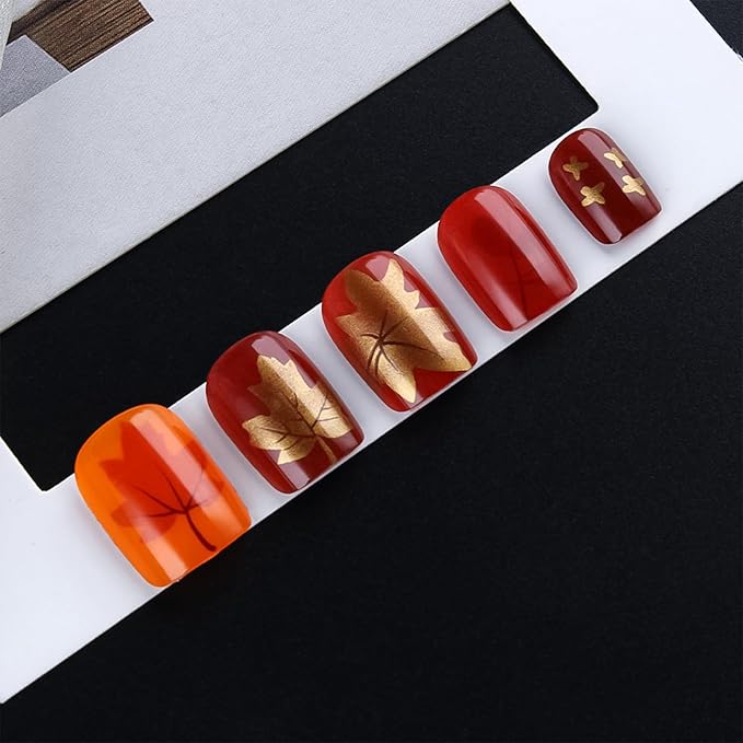 Red Maple Leaf Press on Nails 24Pcs Glossy Gold Glitter Acrylic Fake Nail Thanksgiving Short Square False Nails Fall Leaves Stick on Fingernails Autumn Gel Glue on Nail for Coquette Women Girls