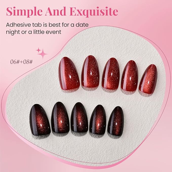 Cat Eye Press on Nails Short Almond - Dark Cherry Red Reddish Brown Shimmer Glossy Press on Nails Women Girls Gift, Soft Gel Press Glue On Nail with Glue Full Cover Reusable Acrylic Fake Nail Kit