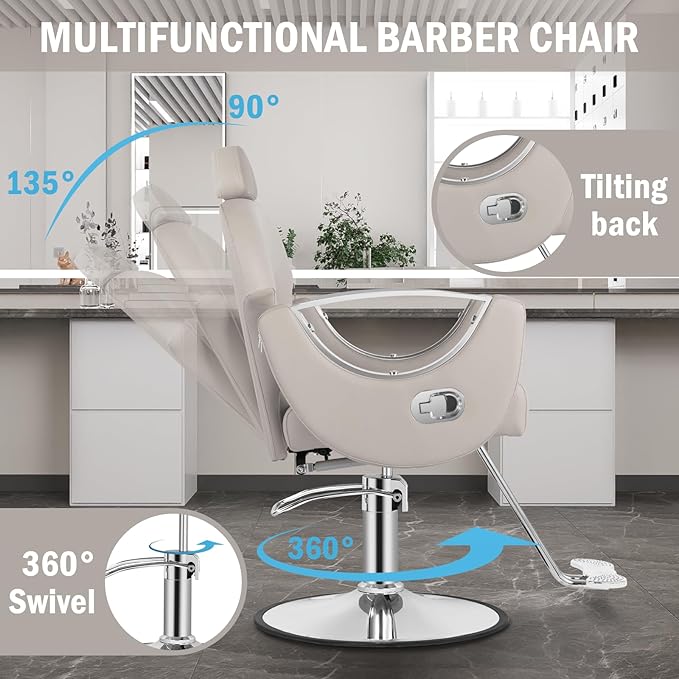 Reclining Salon Chair, Hydraulic Barber Styling Chair for Hair Stylist, 360 ° Swivel Hair Braiding Hairdresser Chairs, Height Adjustable Spa Beauty Equipment for Barbershop, Grey Silver