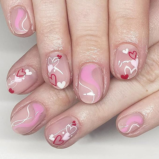 24Pcs Valentines Press on Nails Short Oval Fake Nails Colourful Love Heart Glue on Nails Stripe Design Valentines Acrylic Nails Nude Pink Stick on Nails Cute Artificial False Nails for Women Manicure