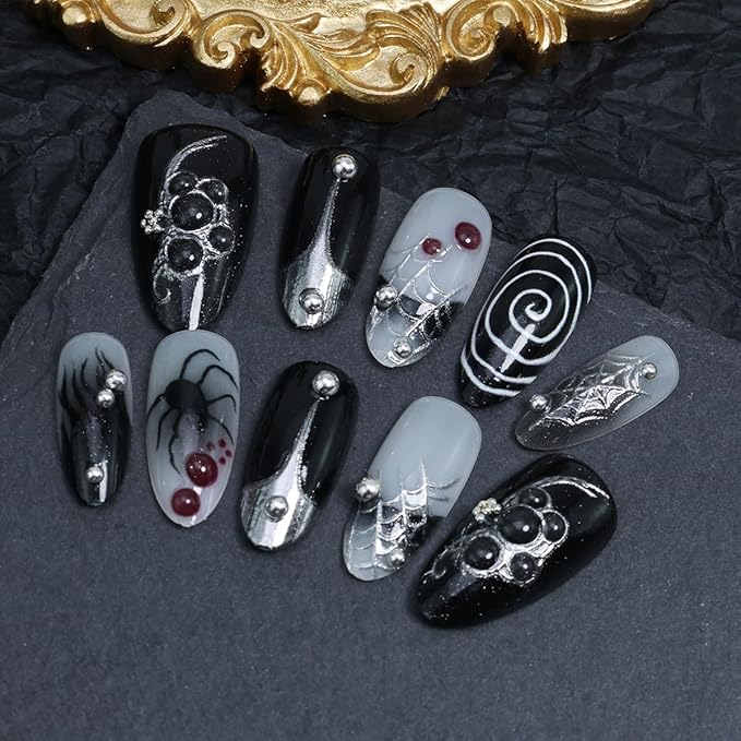 30Pcs Halloween Press on Nails Medium Almond French Tip Fake Nails Spider Web with 3D Gems Design Black Full Cover Artificial Gothic Glue on Nails Y2k False Nails Stick on Nail for Women