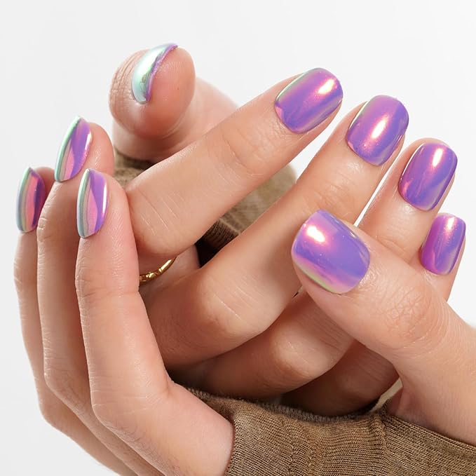 GLAMERMAID Extra Short Press on Nails 24PCS, Handmade Vilot Purple Chrome Fall Gel Glue on Nails, Glossy Round Reusable UV Finish Fake Nails Acrylic False Nails Manicure Kits for Women
