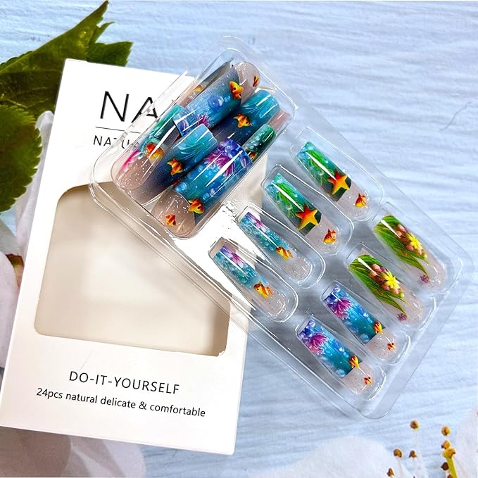 Press on Nails Long Square Blue Ocean Acrylic False Nail Starfish Flower and Fish Pattern Design Full Cover Glossy Artificial Fingernails Square Stick on Nail Reusable Glue on Nails for Women 24Pcs