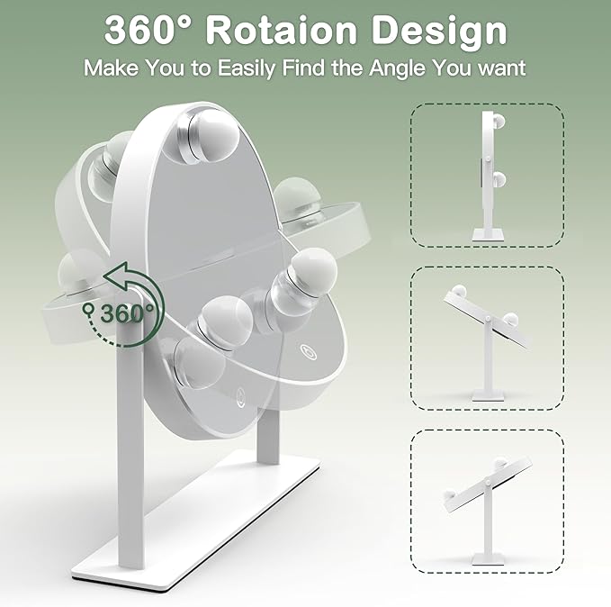 10"x10" Lighted Makeup Mirror, Hollywood Vanity Mirror with 3 Dimmable LED Bulbs, Dimmable Touch Screen, Light up Mirror, Portable Travel Mirror, 360° Rotation, White