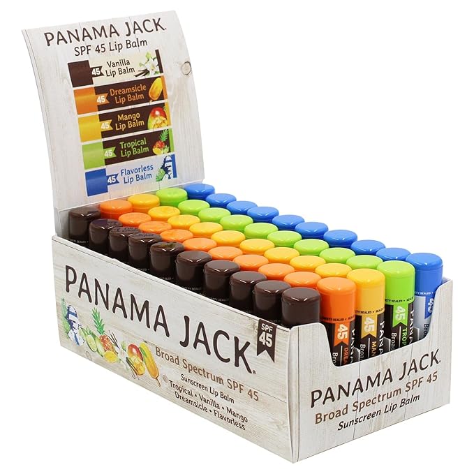 Panama Jack SPF 45 Lip Balm - Broad Spectrum UVA-UVB Sunscreen Protection, Prevents & Soothes Dry, Chapped Lips (Multi-flavored, Pack of 50)
