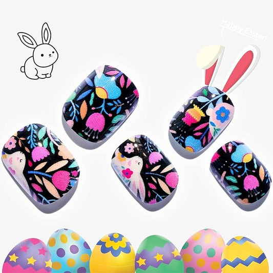 GLAMERMAID Extra Short Press on Nails 24PCS, Fall Black Rabbit in Flower Fall Gel Glue on Nails, Glossy Round Reusable UV Finish Fake Nails Acrylic False Nails Manicure Kits for Women