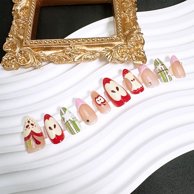 30 Pcs Fruit Press on Nails Medium Almond Fake Nails with Apple Star Designs Pink French Tip False Nails Fruit Acrylic Nail Tips Cute Full Cover Stick on Nails for Women Summer Fall Nail Decoration
