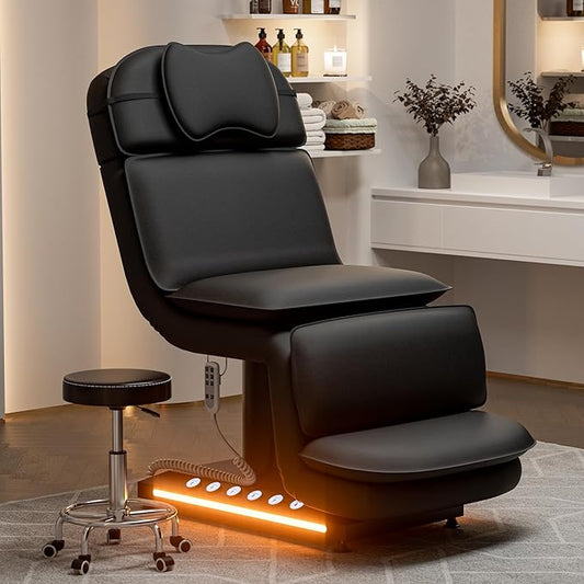 VARONXE Fully Electric Massage Table w/3 Motors, Professional Angle and Height Adjustable Spa Bed Facial Chair, Motorized Esthetician Bed Treatment Table for Beauty Salon, Stool Included, Black