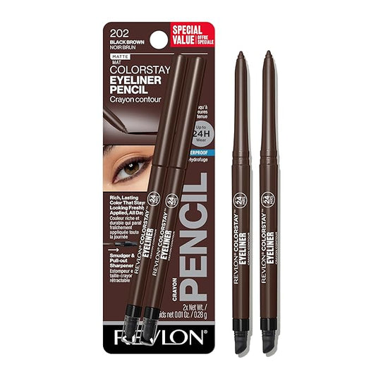 Revlon ColorStay Pencil Waterproof Eyeliner, Smudge-Proof, Eye Makeup with Built-In Sharpener, Stocking Stuffer for Women, 202 Black Brown, 2 pack