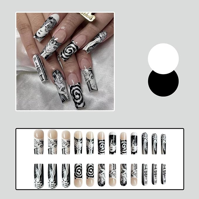 24Pcs Long Press on Nails Square French Tip Fake Nails Black White Punk Acrylic Nails Cartoon Anime Design Full Cover False Nails with Design Artificial Glue on Nails for Women Manicure Decoration