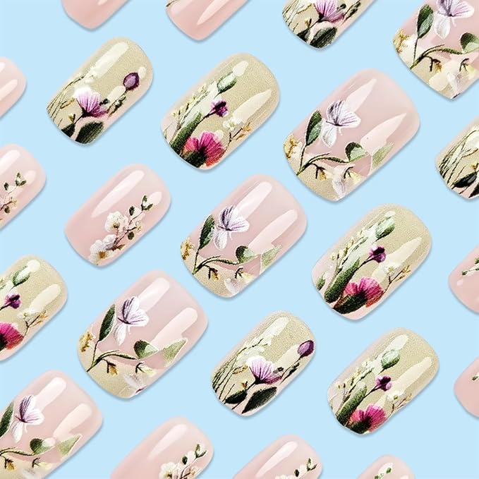 Spring Flower Press on Nails Short Square Acrylic False Nails Green Leaves Stick on Nails 24Pcs Glossy French Tips Fake Nails Colorful Flowers Gel Glue on Nails for Coquette Women Girls
