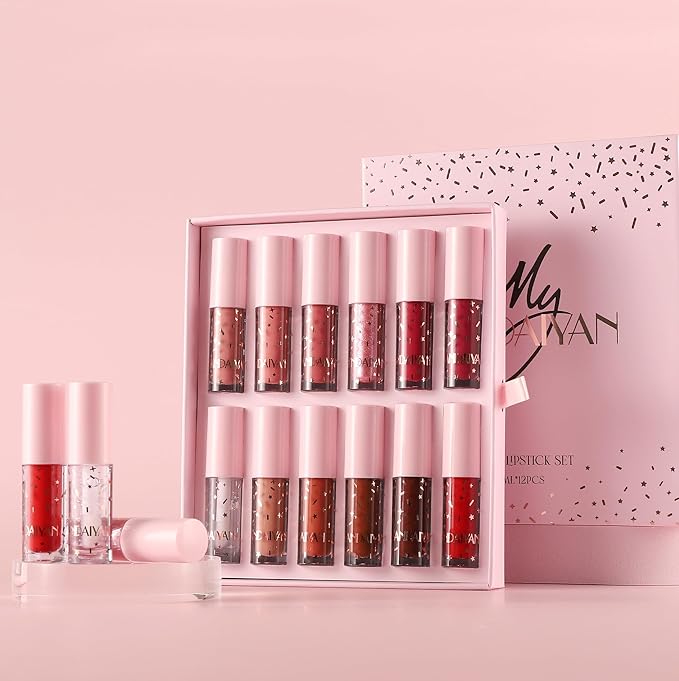 12 Colors Book Style Velvet Matte Liquid Lipstick Christmas Gift Set Long-Lasting Non-Stick Cup Not Fade Shimmer Nude Lip Gloss Thanks For the Love Lip Set (Set C)