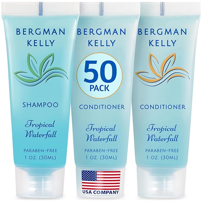 Bergman Kelly - Travel Shampoo and Conditioner Set - 1 fl oz, 100 Pieces, Tropical Waterfall - Delight Your Guests with Invigorating and Refreshing Hotel Toiletries and Guest Hospitality in Bulk