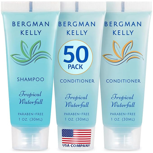 Bergman Kelly - Travel Shampoo and Conditioner Set - 1 fl oz, 100 Pieces, Tropical Waterfall - Delight Your Guests with Invigorating and Refreshing Hotel Toiletries and Guest Hospitality in Bulk