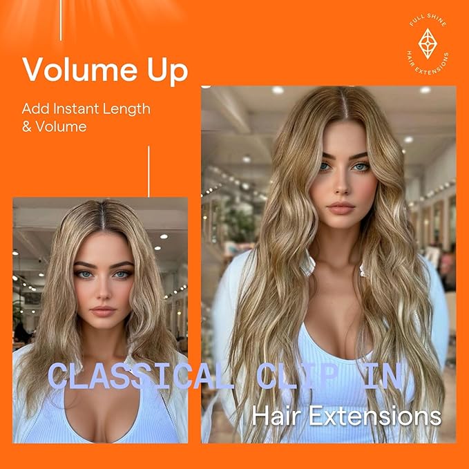 Full Shine Balayage Brown Hair Extensions Real Human Hair Clip ins Chestnut Brown Ombre Blonde Short Clip in Hair Extensions Seamless Human Hair Clip in Extensions for Women 14 Inch 7 Pcs 120 G